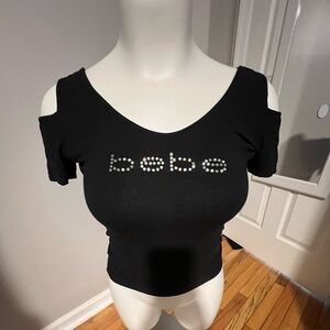 Bebe Black Cold Shoulder Tee with Studded Logo